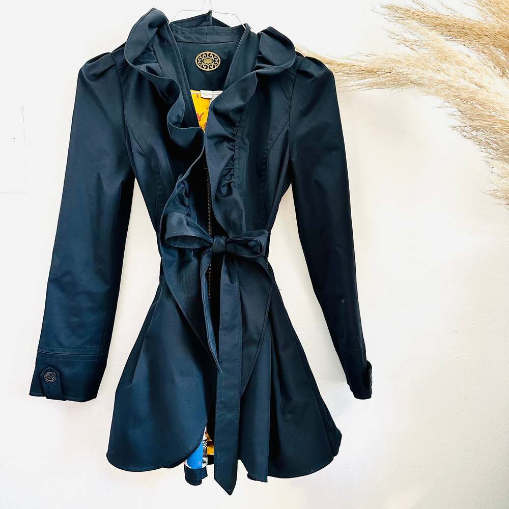 ANTHROPOLOGIE Idra Clinton Navy Blue Ruffle Zip Front Trench Coat Jacket 2
